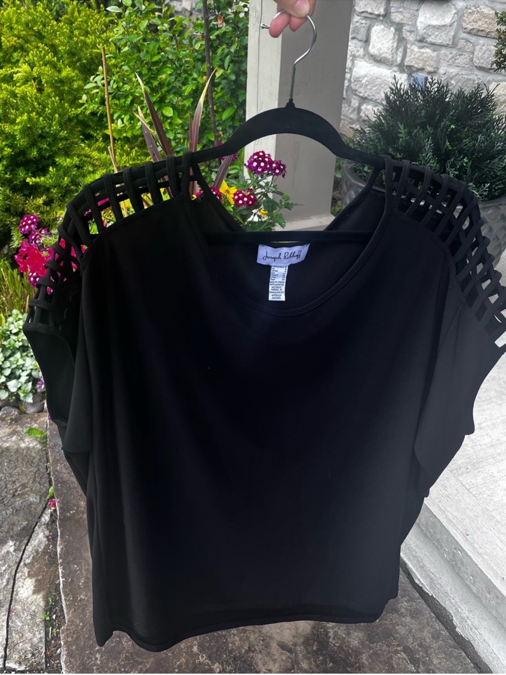 Joseph Ribkoff Black Short-Sleeve Top with Lattice Shoulder Detail Size 6